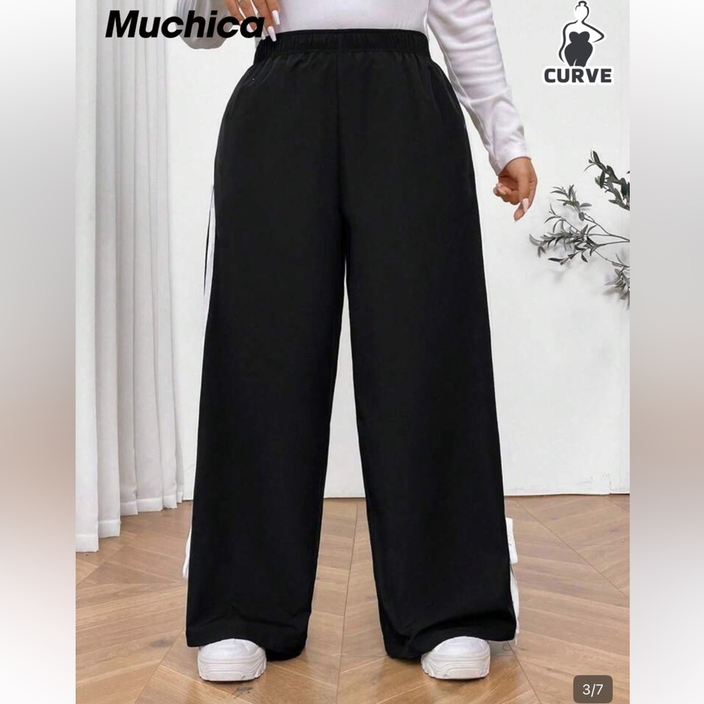 SHEIN 4X elastic waist Black Wide-Leg Track Pants with Side Stripes and Ties - Picture 4 of 5
